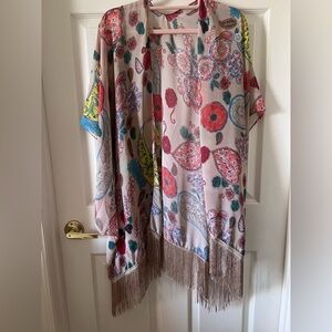 No Brand Floral Multicolor Boho Fringe Kimono Cover Up One Size
